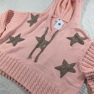 Cozy Everyday Chic Peachy Pink Star Women's Hooded Oversized Crop Sweater